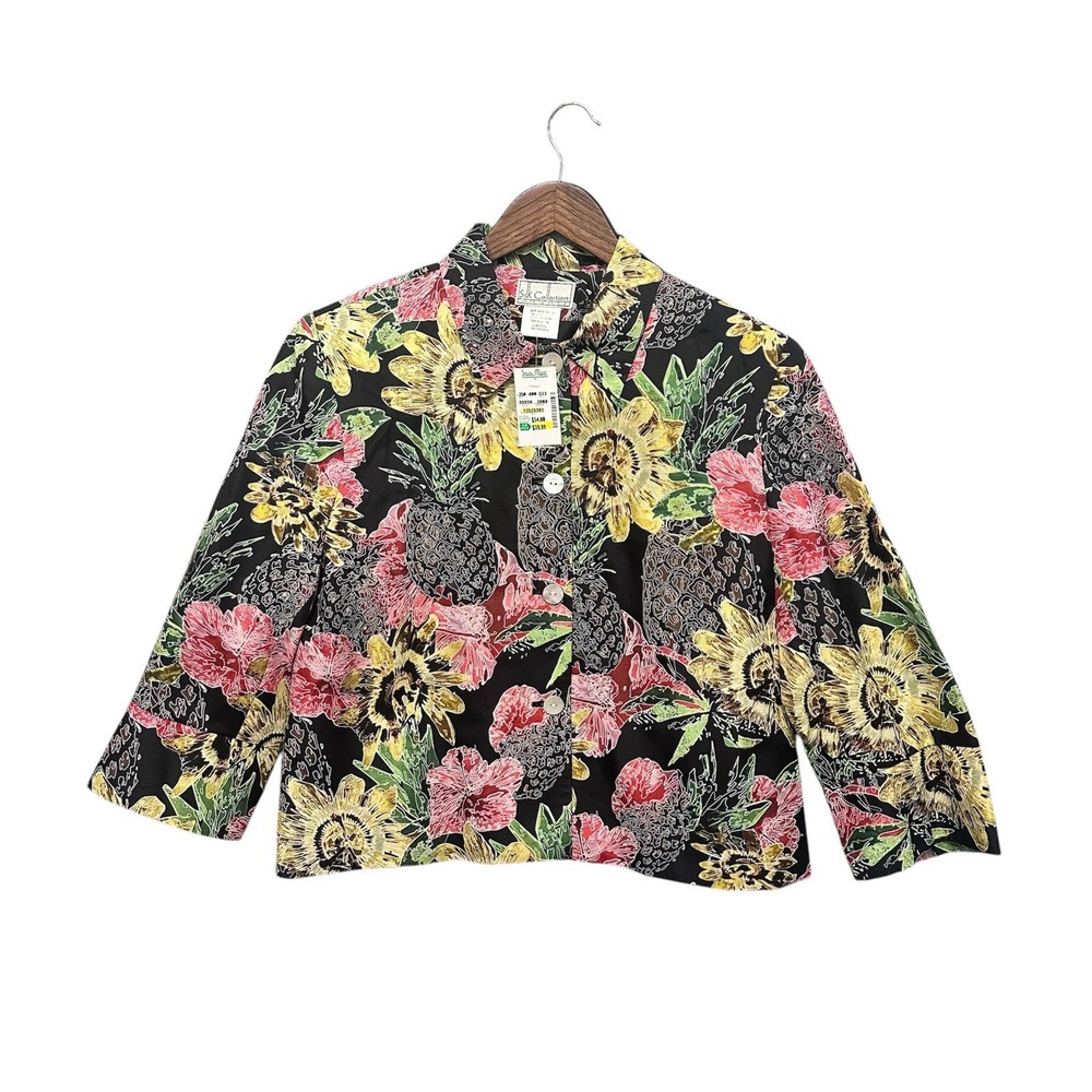 Vintage Womens Size 14 Jacket 100% Silk Floral Pineapple Lined 3/4 Sleeve Y2K 90
